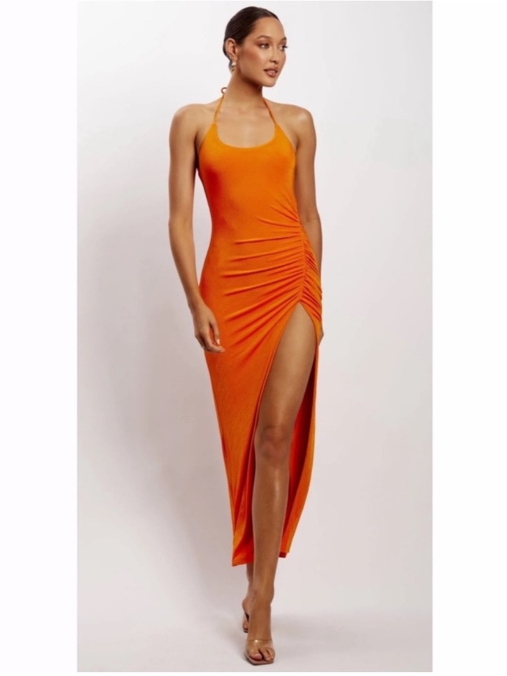 Meshki Allison Stretchy Jersey Ruched Split Halter Maxi Dress Event Orange XS